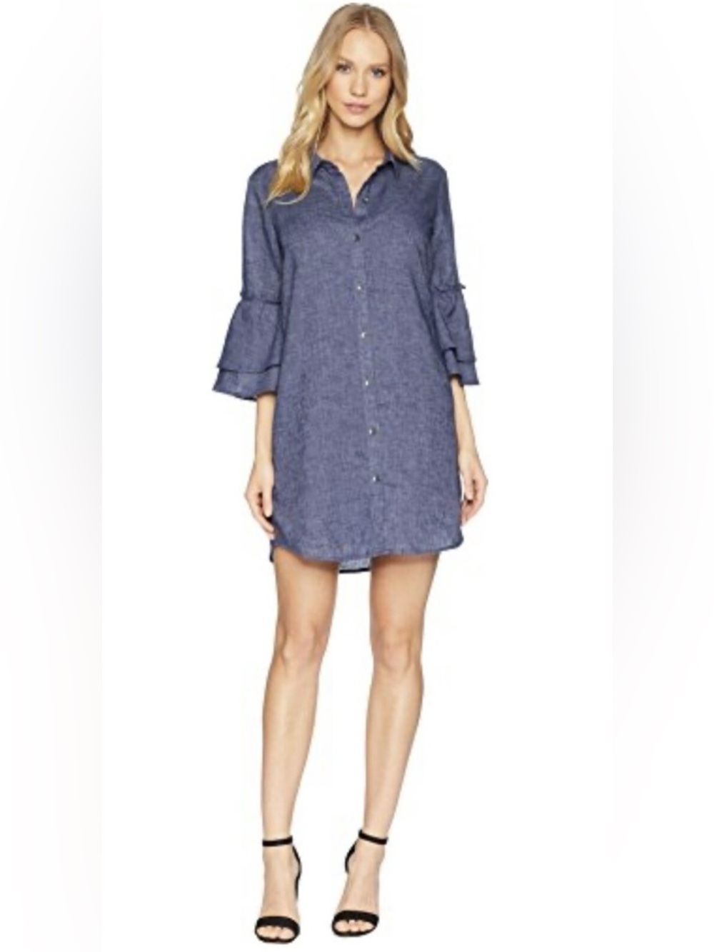 Splendid Large Chambray Ruffle Sleeve Buttons Front Shirtdress